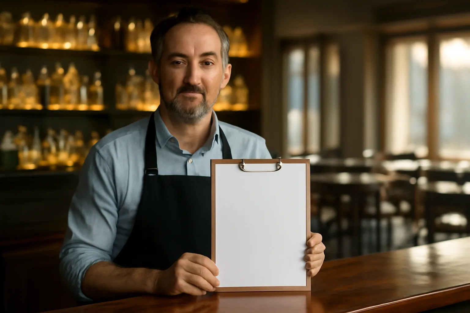 Restaurant owner at a bar counter reviewing steps before filing an ABC liquor license application.