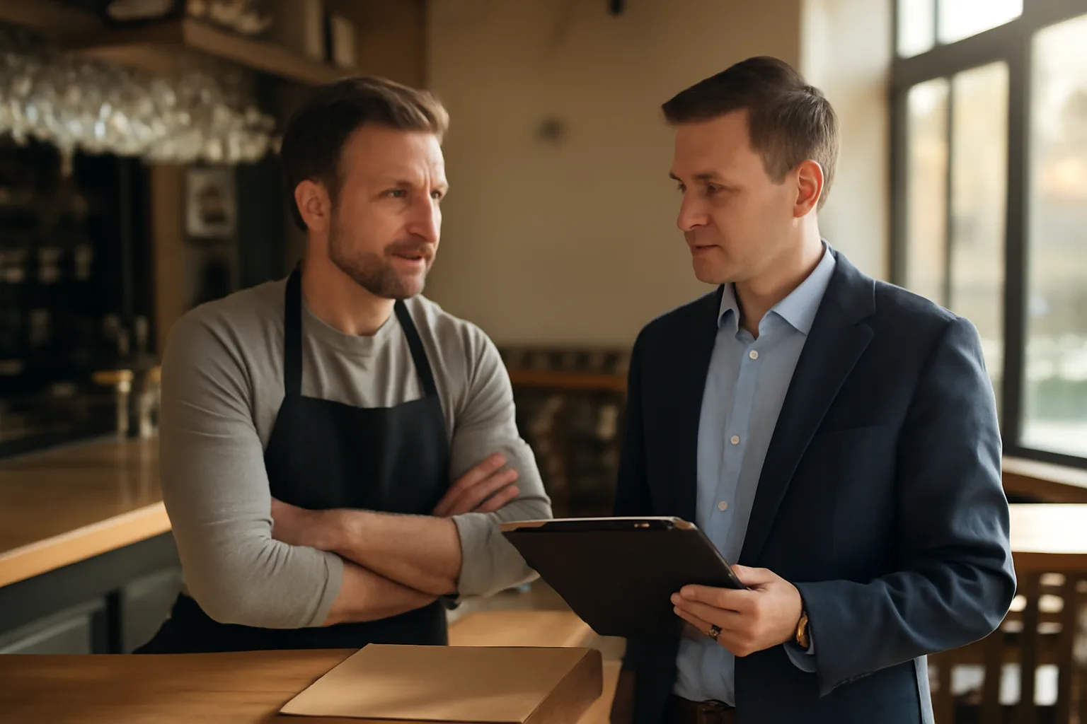 Restaurant owner reviewing documents with an inspector near a bar counter
