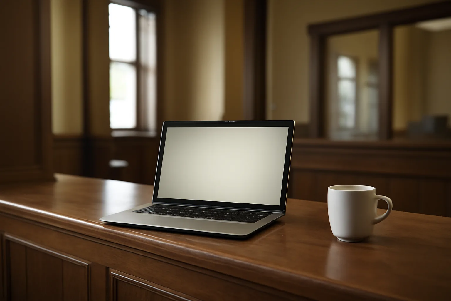 Laptop login screen glowing on a wooden counter in a government licensing office