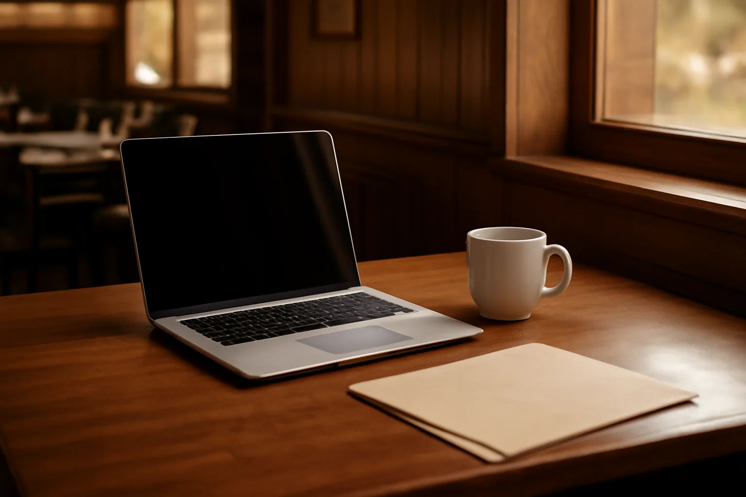 Restaurant office desk with laptop open during an ABC license lookup session