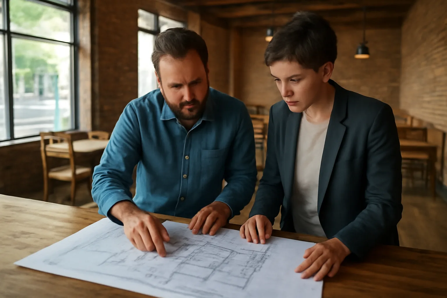 Restaurant owner reviewing floor plan diagram during liquor license application process