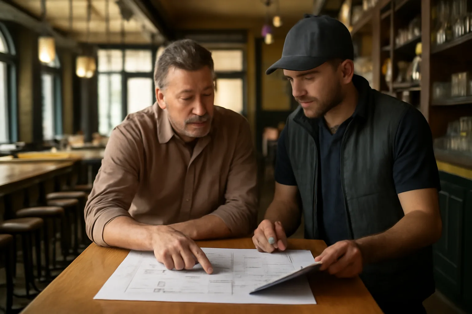 Restaurant owner and inspector reviewing floor plan at bar counter before liquor license approval