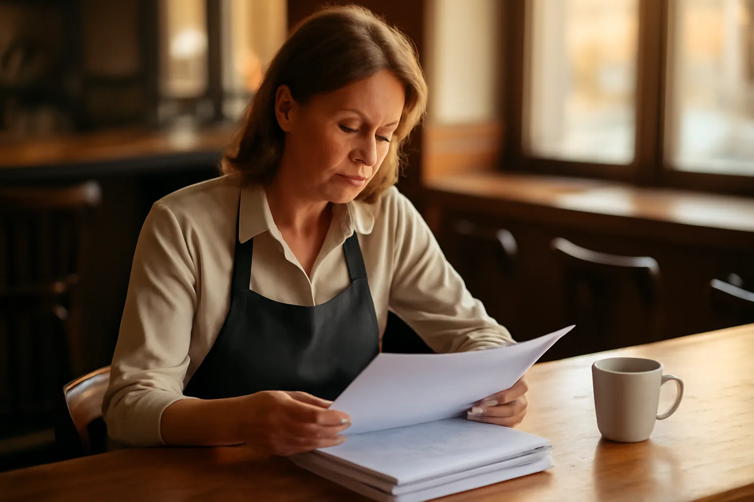 Business owner reviewing an alcohol application at an empty bar counter in morning light