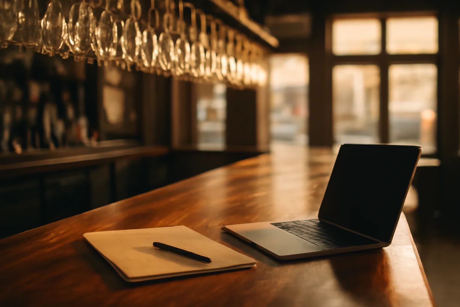 Bar counter with paperwork and laptop before opening, representing liquor license application prep