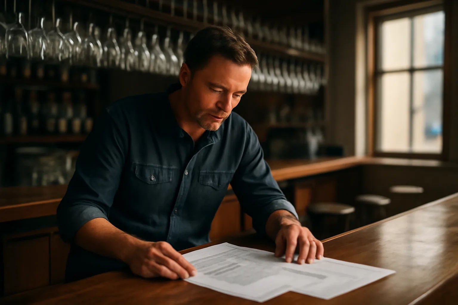 Restaurant owner reviewing lease documents at bar counter while applying for liquor permit