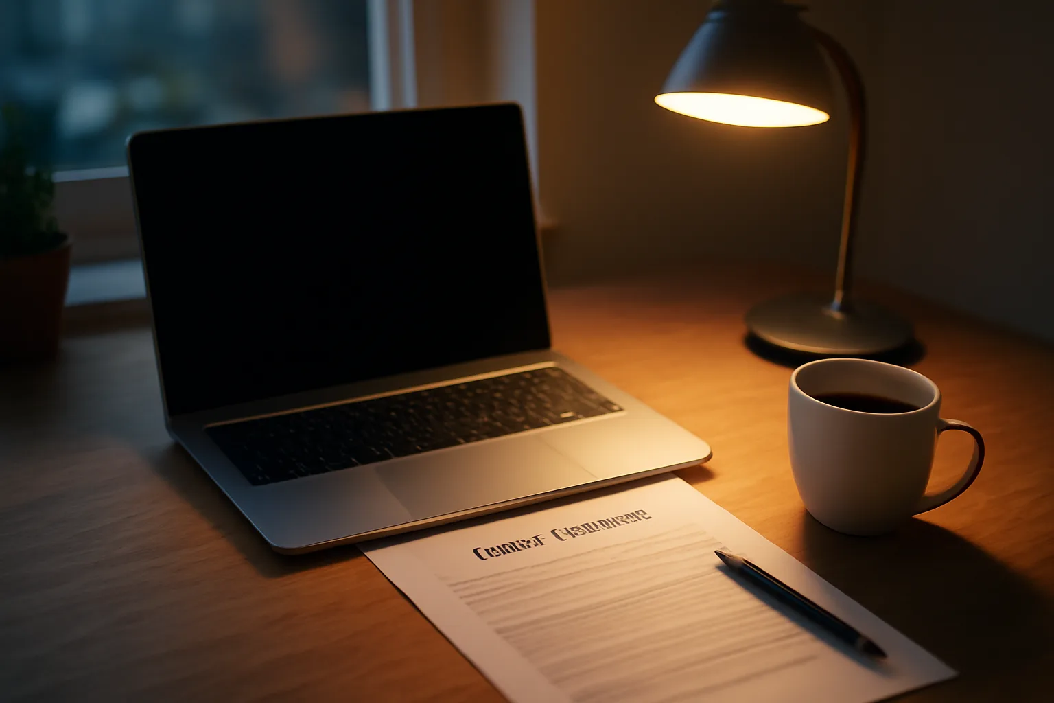 Desk scene with laptop and lease papers representing liquor license research at night