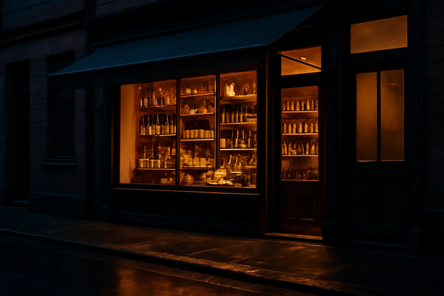 Independent market storefront at dusk with wine shelves visible through the window