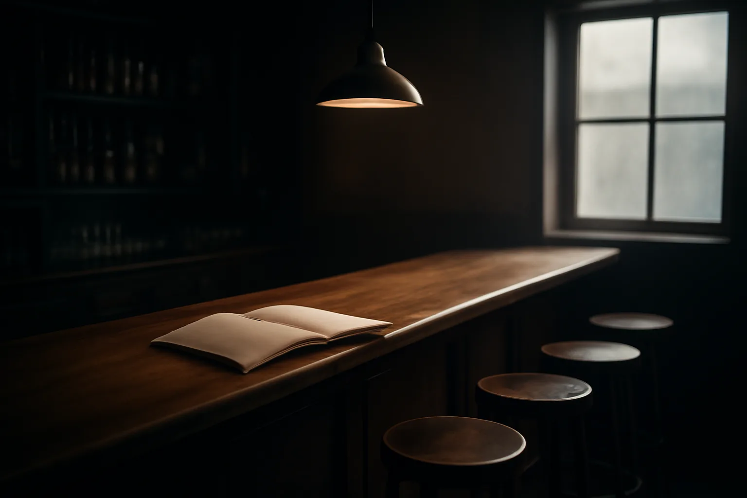 Empty bar counter at dawn with application papers, representing liquor license application with a felony record