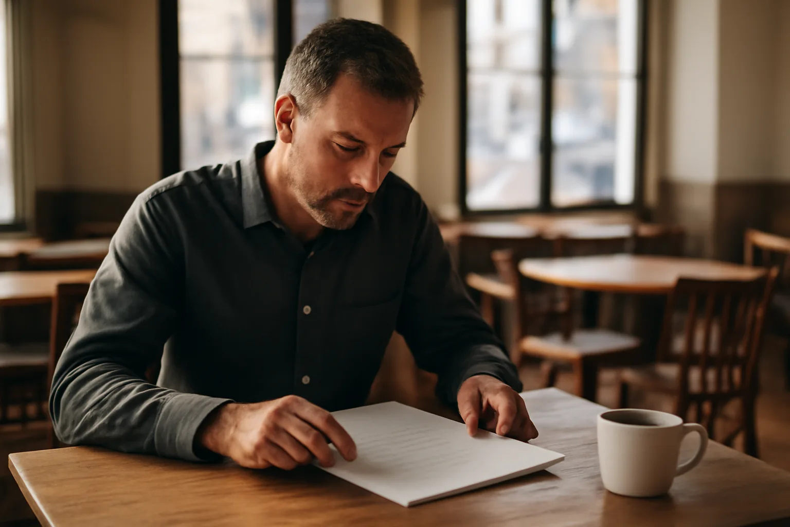 Restaurant owner reviewing lease paperwork while planning a liquor license application
