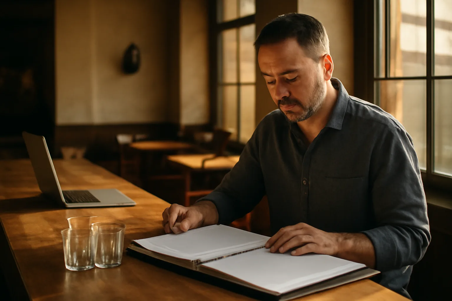 Restaurant owner reviewing liquor license application paperwork at empty bar counter