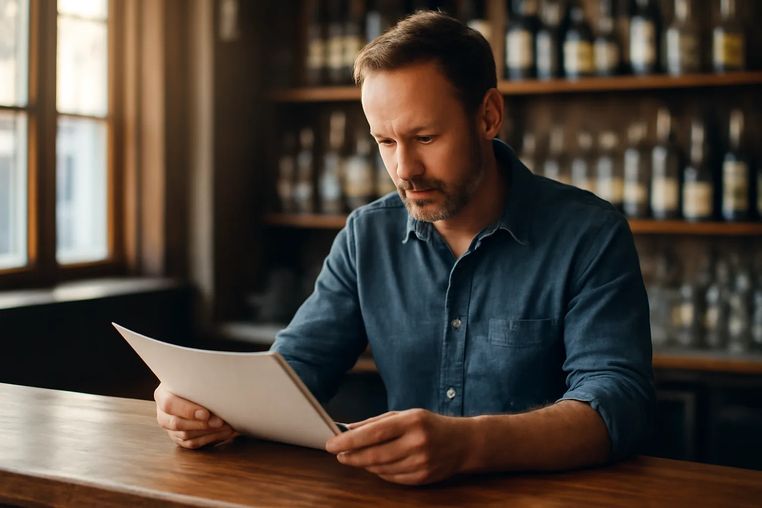 Bar owner reviewing license application documents at empty bar counter before opening