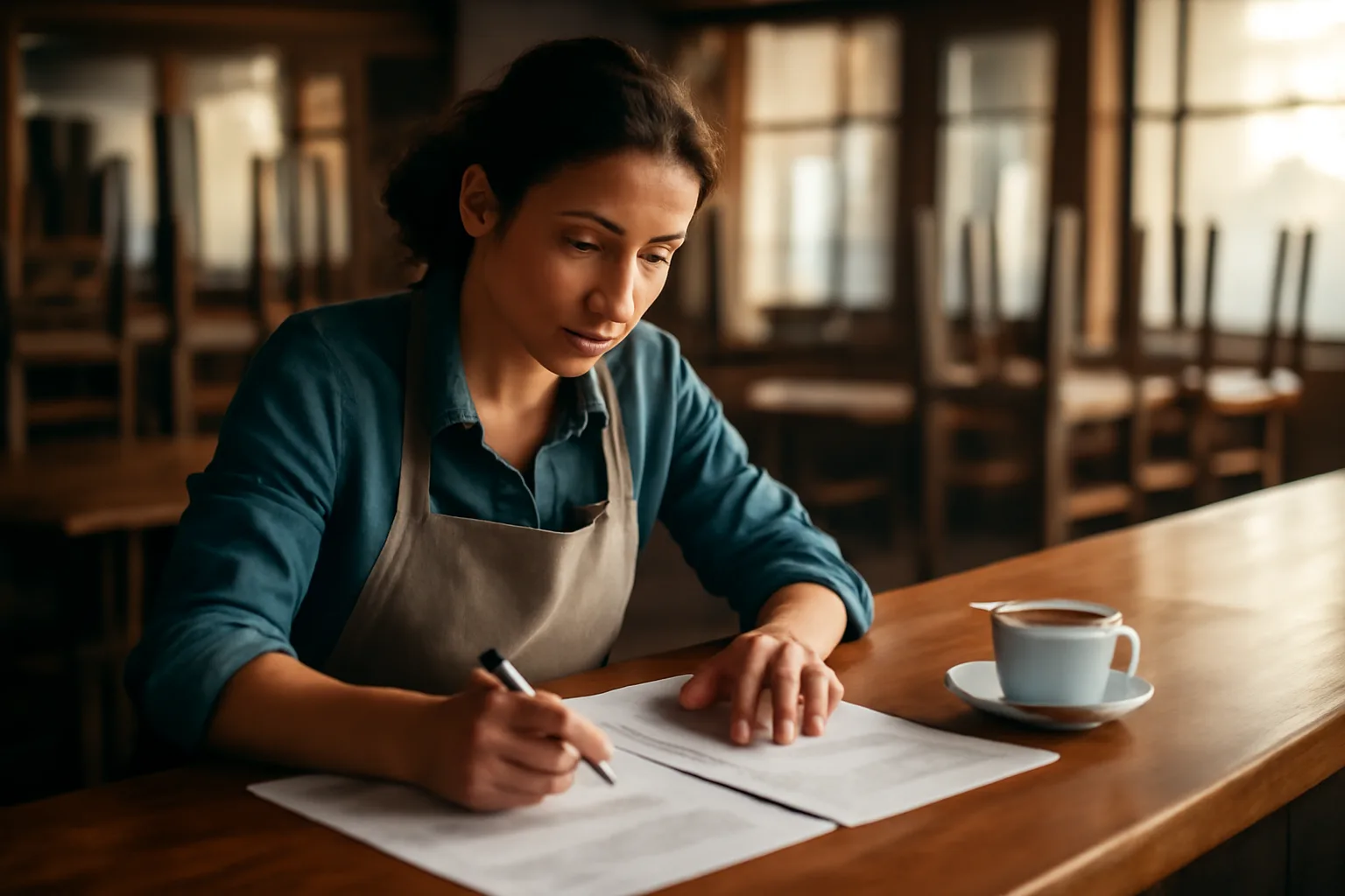 restaurant owner reviewing liquor license paperwork at an empty bar in morning light