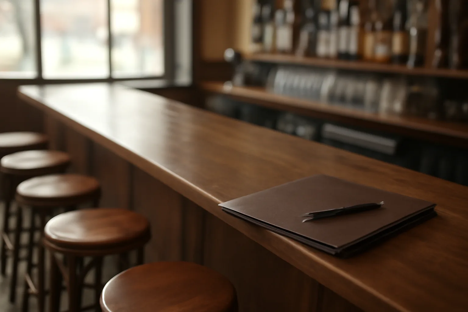 Empty restaurant bar counter with paperwork, representing the liquor license waiting period