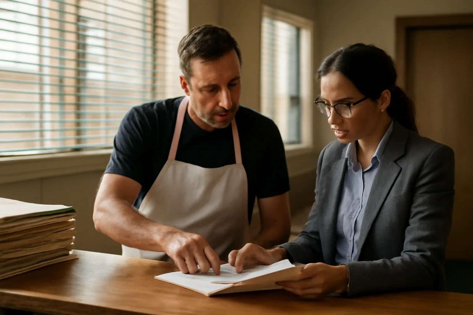 Restaurant owner and clerk reviewing liquor license paperwork at a government office counter