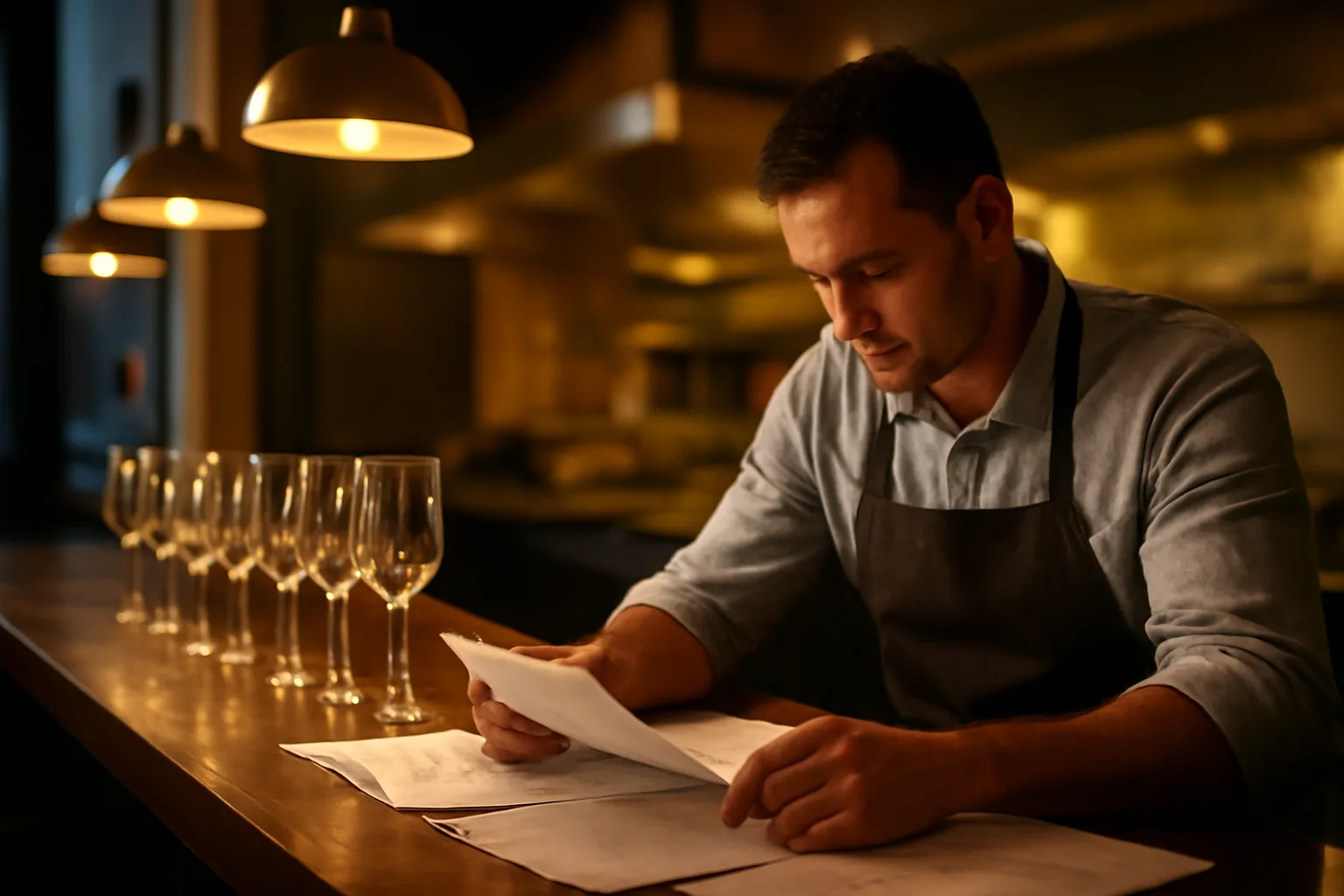 Restaurant owner reviewing liquor license paperwork on an empty bar counter