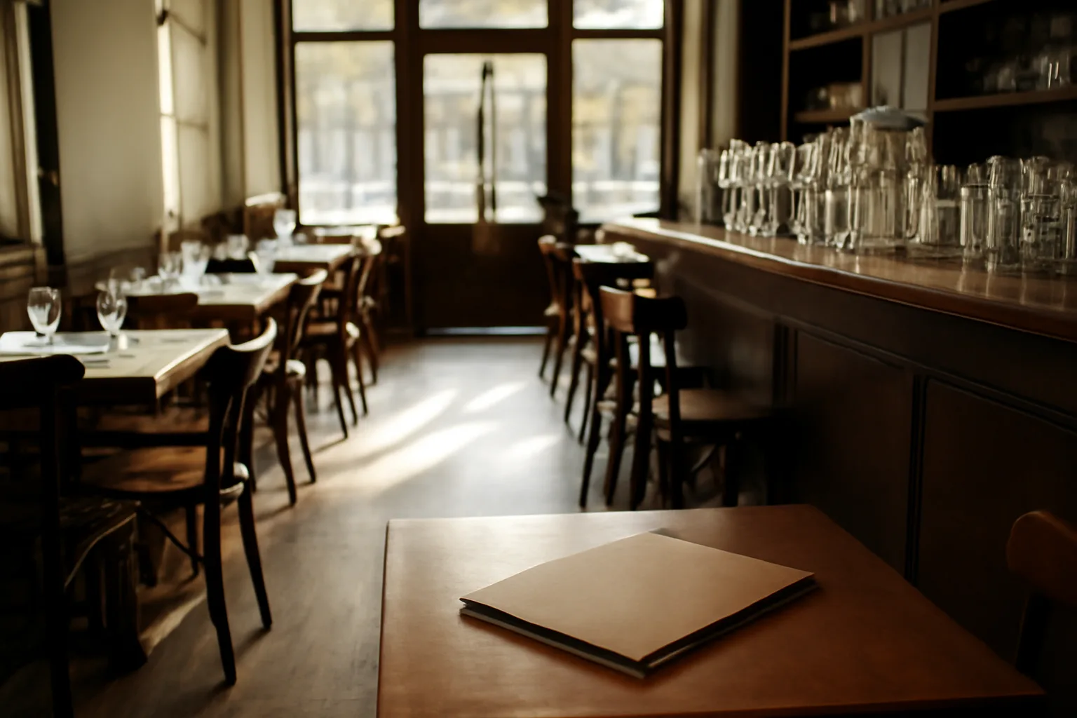 Empty restaurant bar in morning light with documents on a table before opening