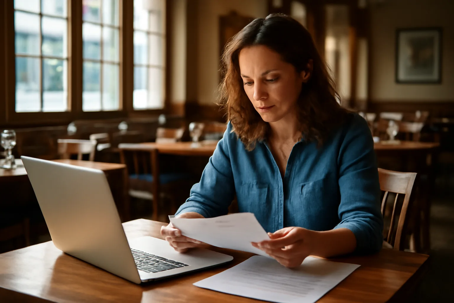 restaurant owner reviewing liquor license application documents and laptop at empty dining room table