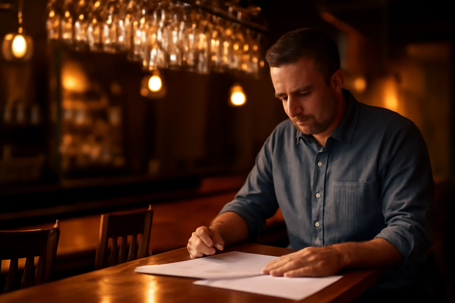 Restaurant owner reviewing liquor license paperwork at an empty bar counter