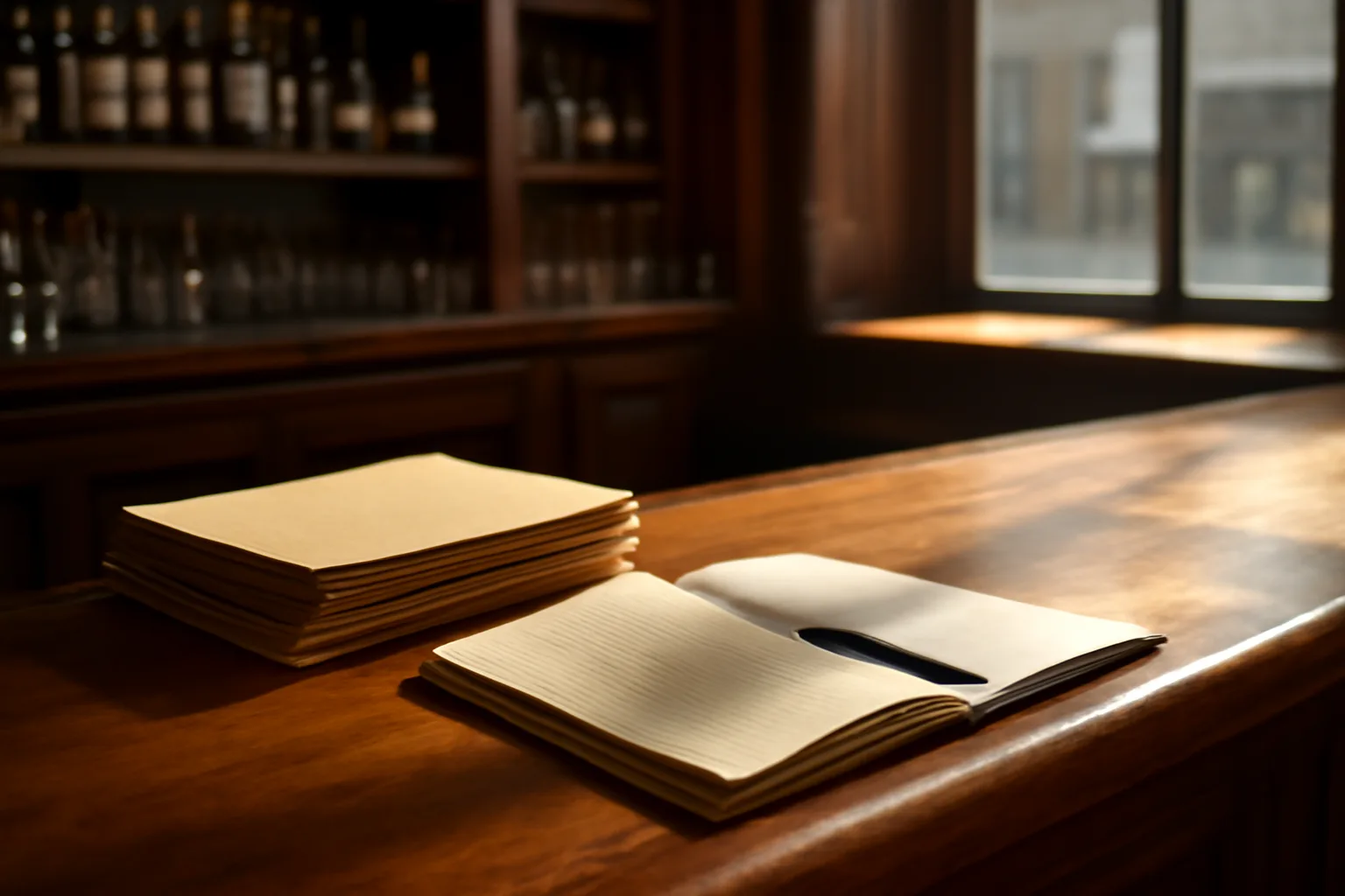 Bar counter with paperwork and pen representing the liquor license application process