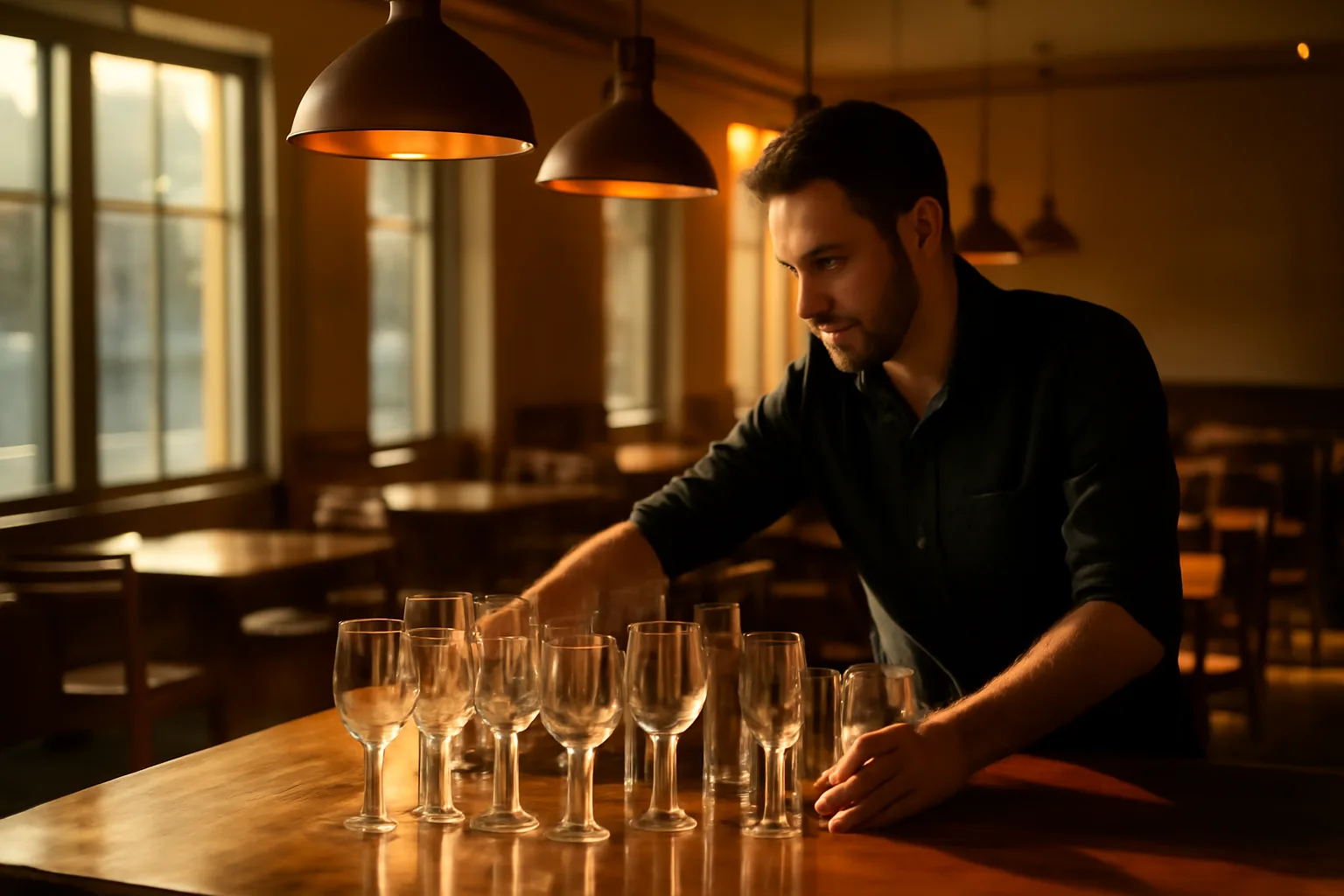Bartender preparing a bar counter before opening, representing steps to get a temporary liquor license