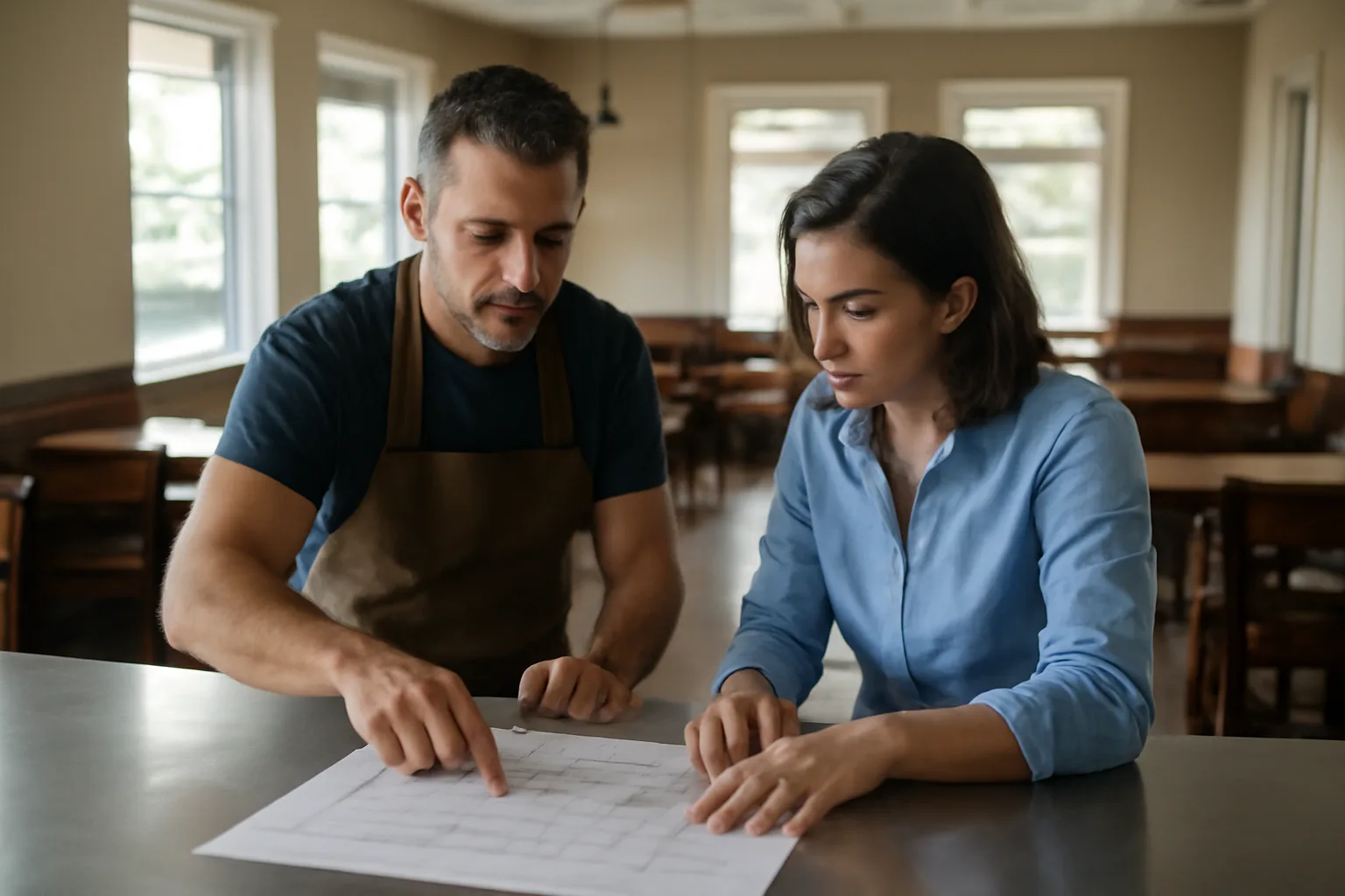 Restaurant owner reviewing premises floor plan during liquor license inspection process