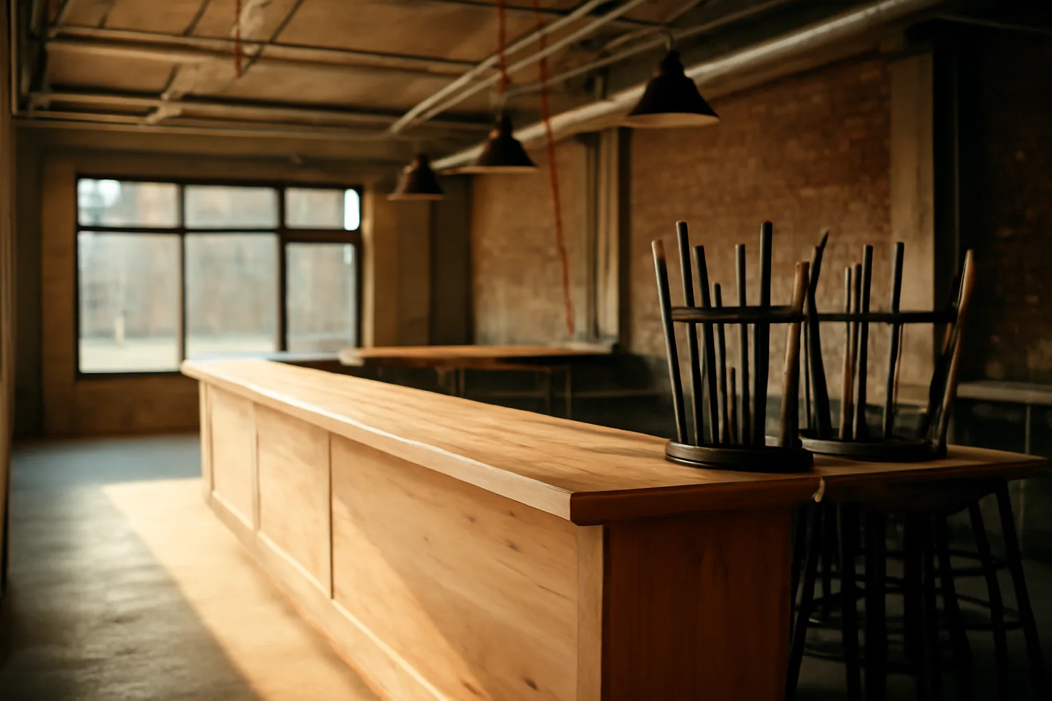 Empty new bar interior during buildout while owner works through liquor license steps