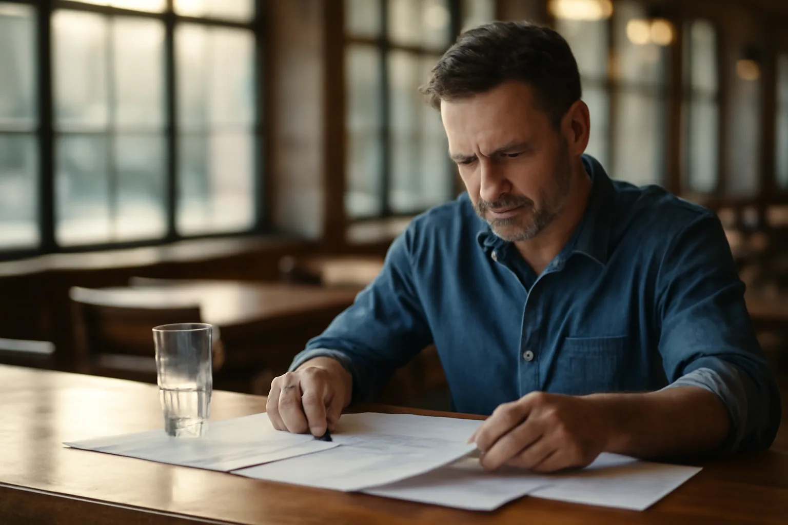 Restaurant owner reviewing documents at a bar counter while planning an alcohol permit application