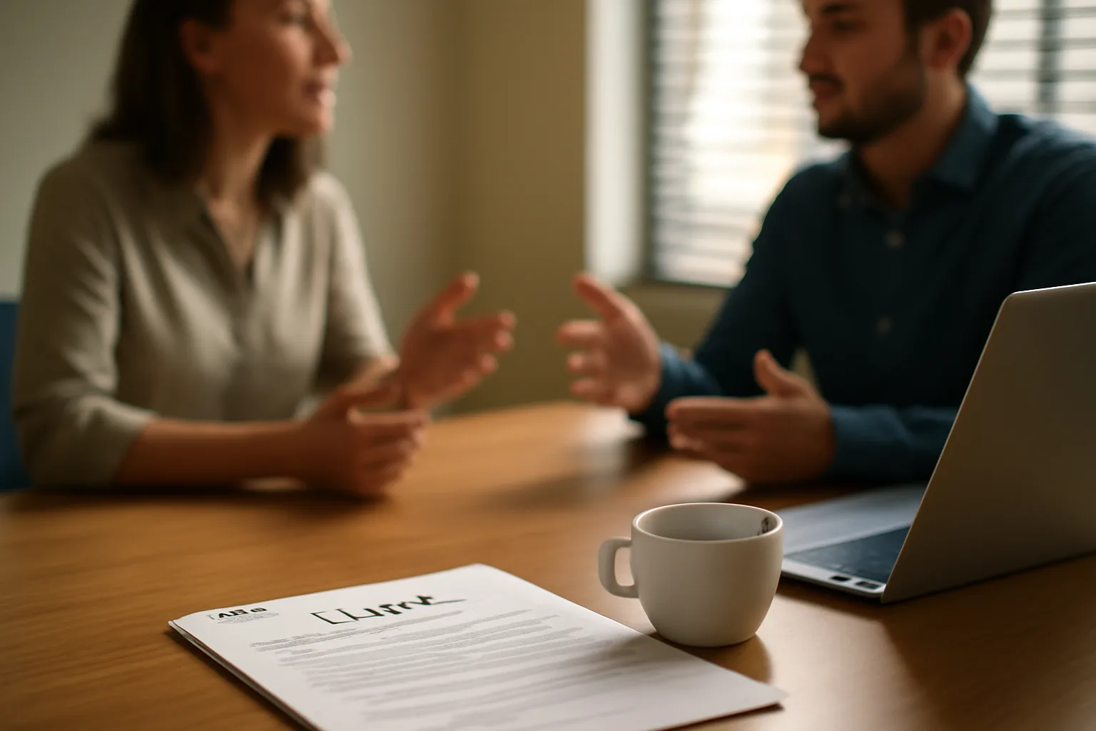 Two people discussing paperwork at a table during a liquor license planning meeting