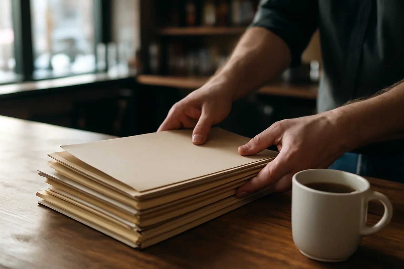 Bar owner reviewing permit folders on a wooden bar counter in morning light