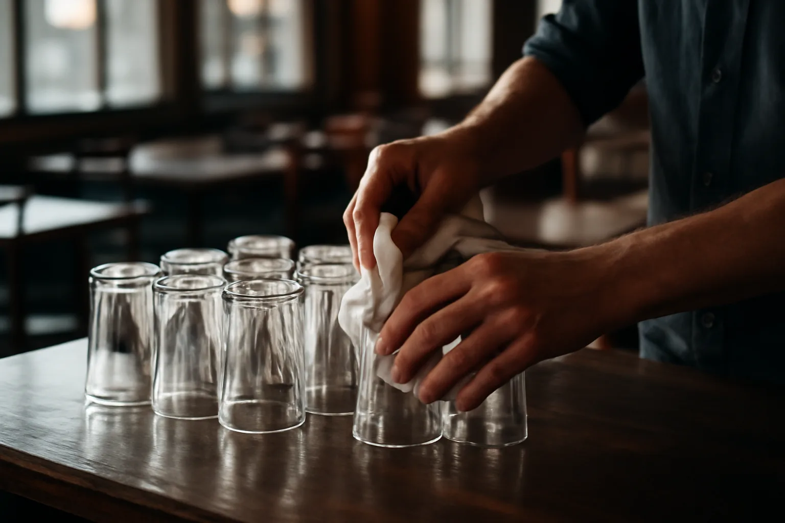 Bartender polishing glassware at an empty bar counter before opening, illustrating ABC certification steps