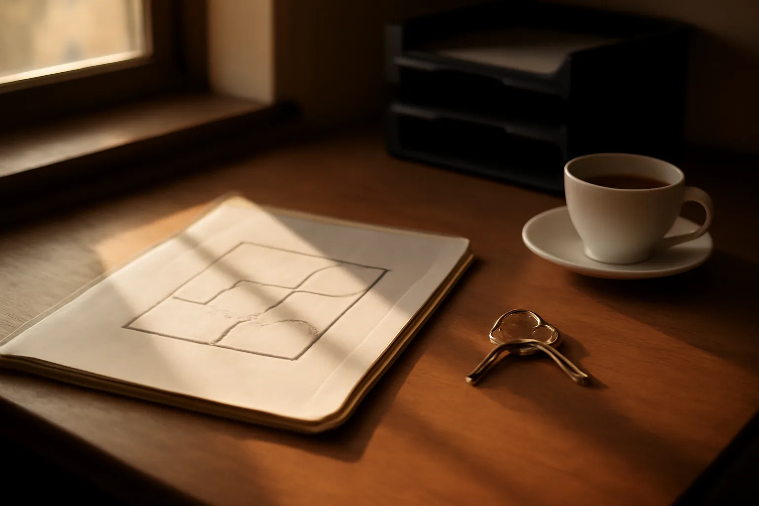 Restaurant office desk with floor plan and keys representing liquor license planning