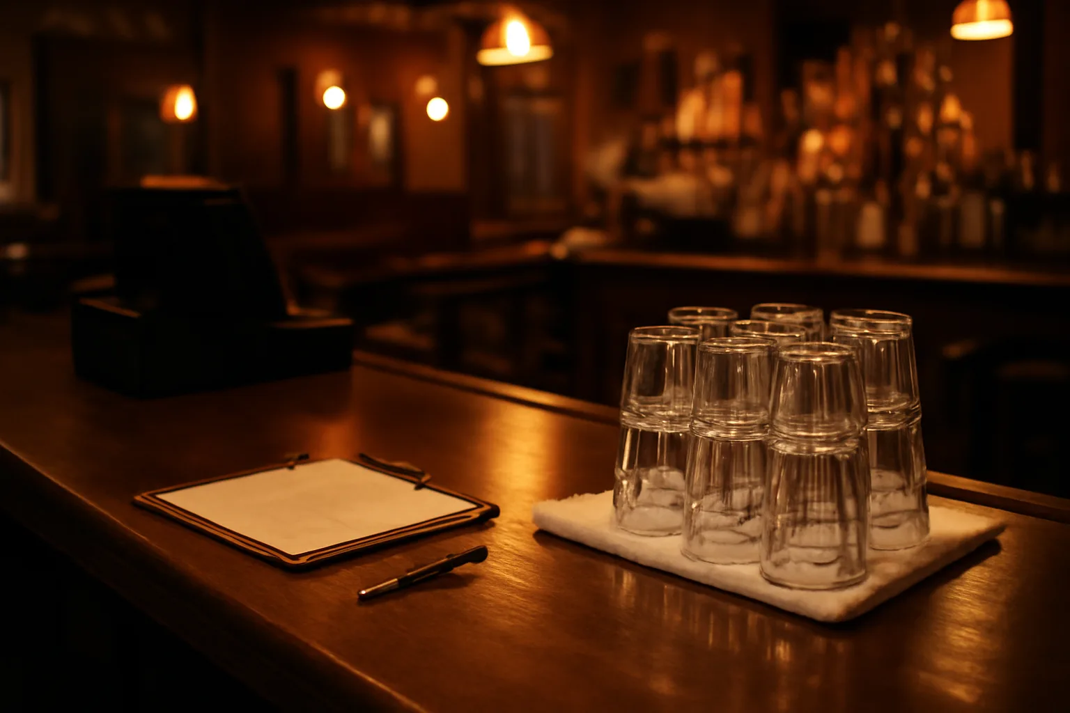 Empty restaurant bar at closing with glasses drying, representing liquor license compliance training