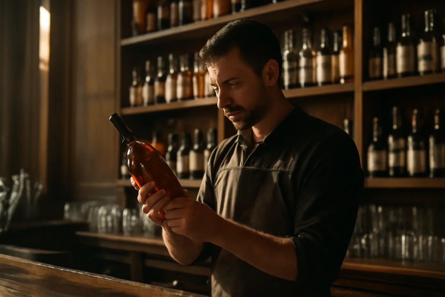 Bartender working behind a bar counter during daylight, illustrating ABC server permit requirements