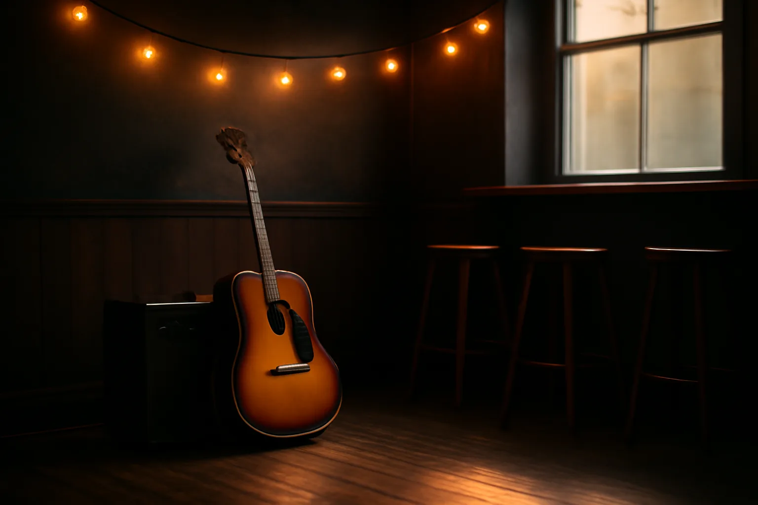 Empty small bar stage with guitar and amp, illustrating bar music licensing requirements