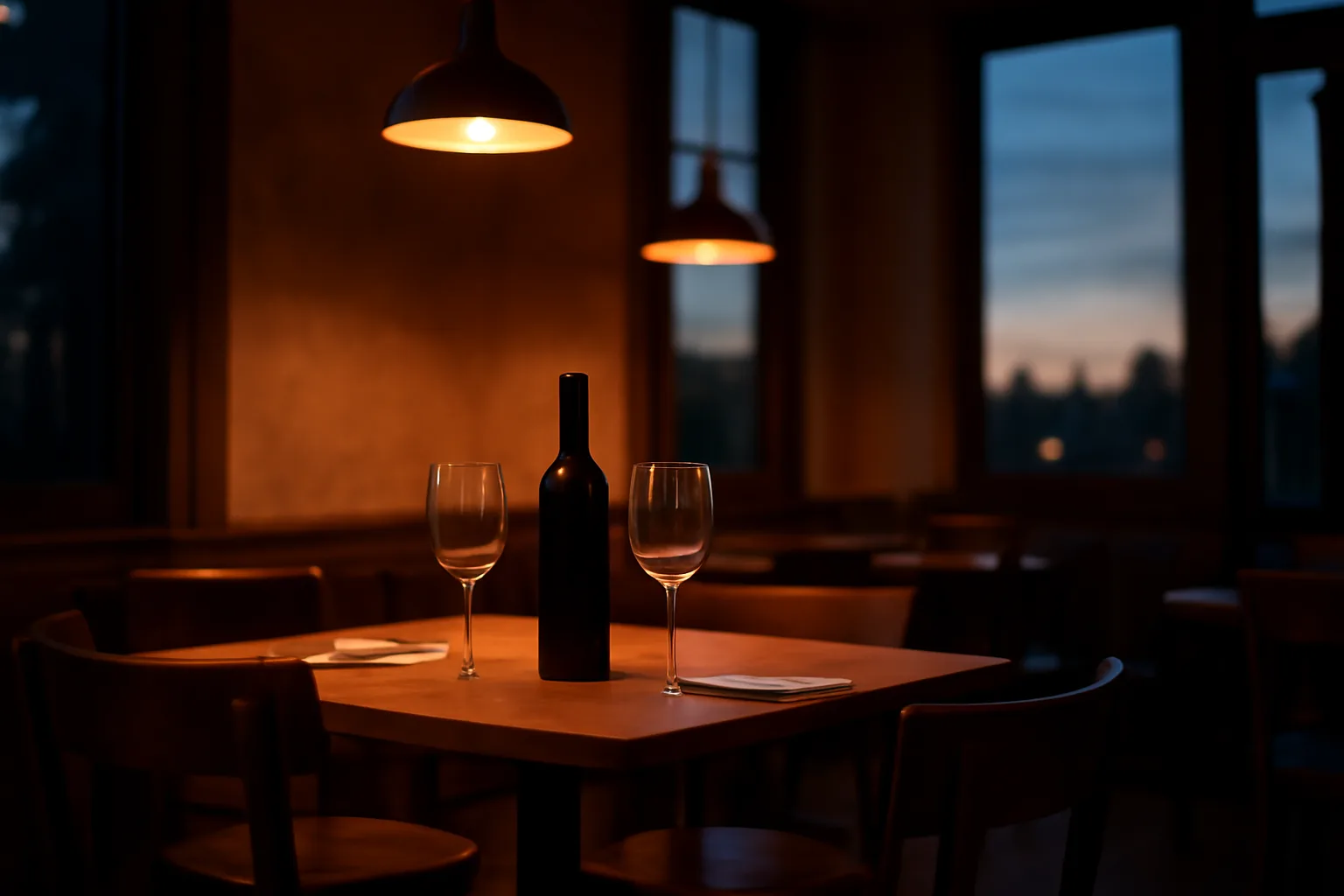 Restaurant table set with wine glasses and a bottle, illustrating BYOB without a liquor license
