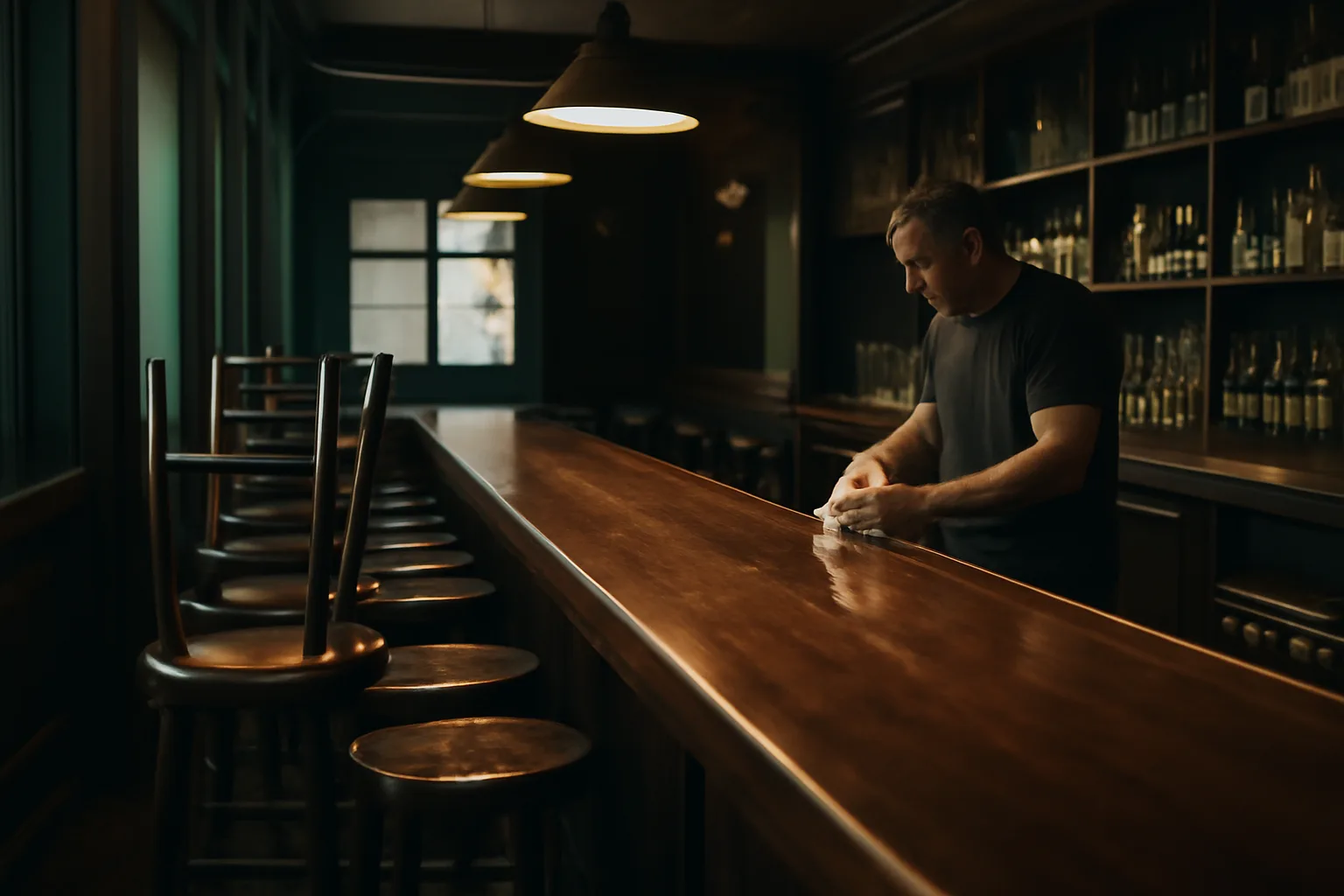 Bartender closing an empty bar at night with dim overhead lighting