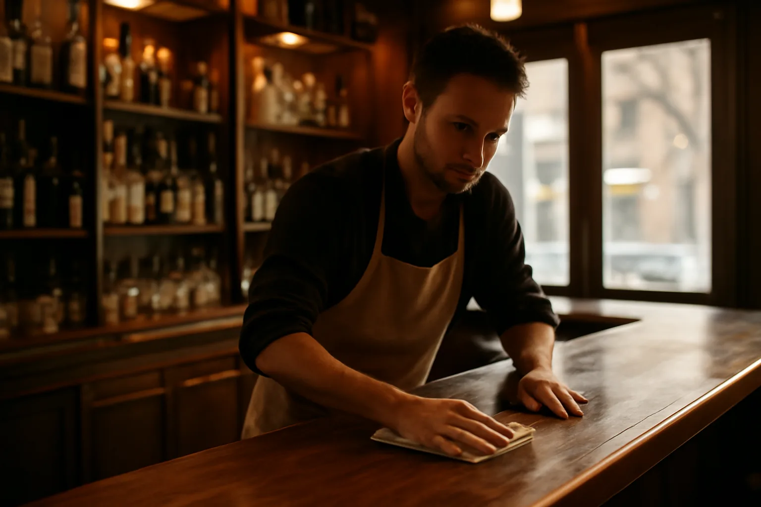 Bartender wiping down a wooden bar counter in a dimly lit New York bar
