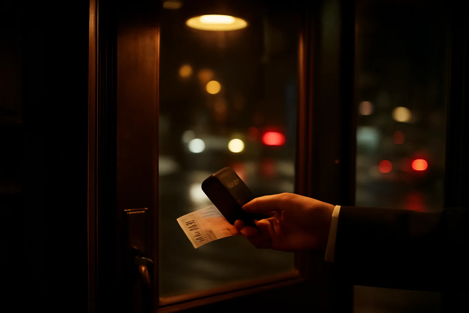 Doorman using a driver's license scanner to check ID at a bar entrance