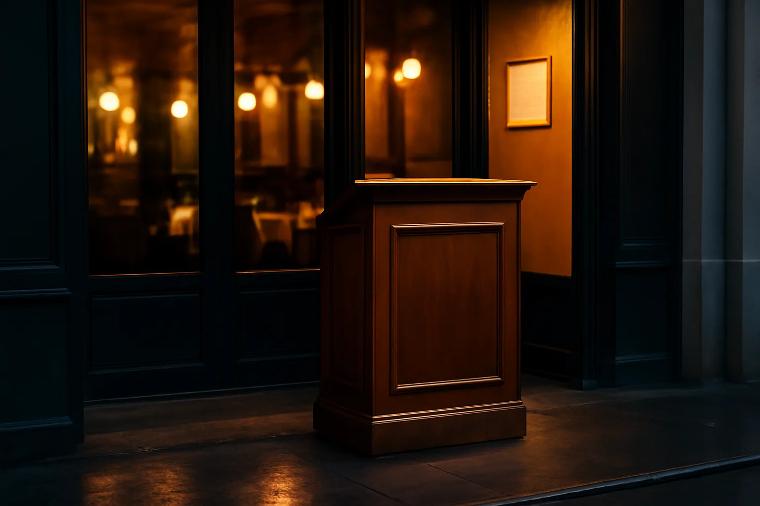 Restaurant entrance at dusk with a framed license certificate visible on the wall