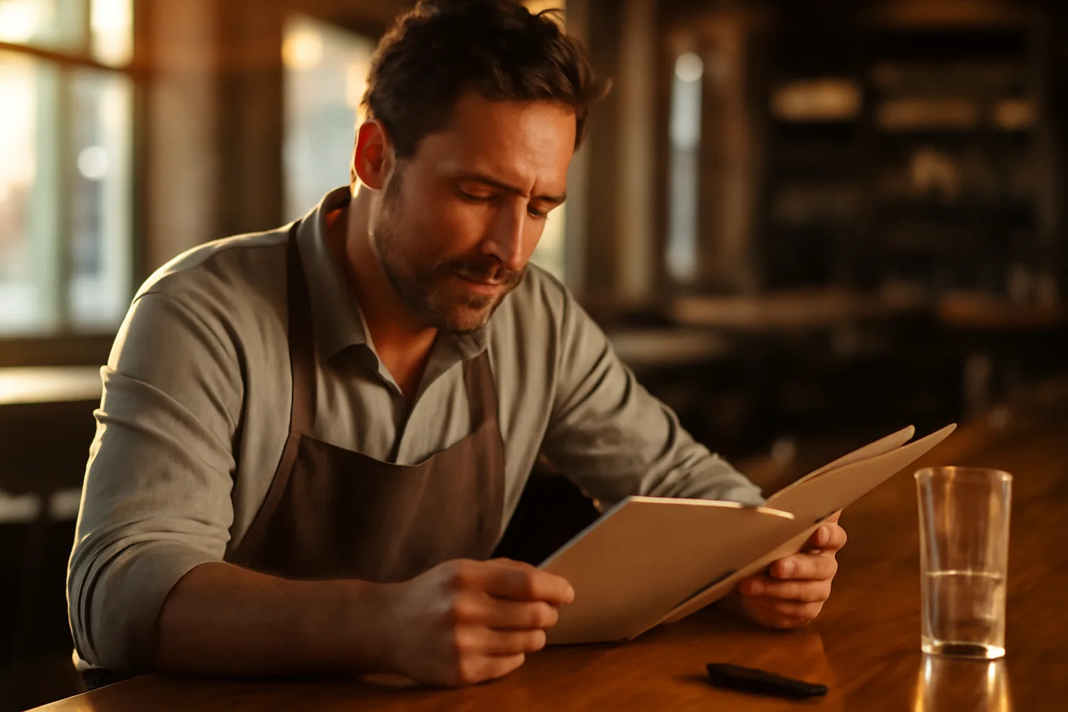 Restaurant owner reviewing renewal paperwork at a bar counter