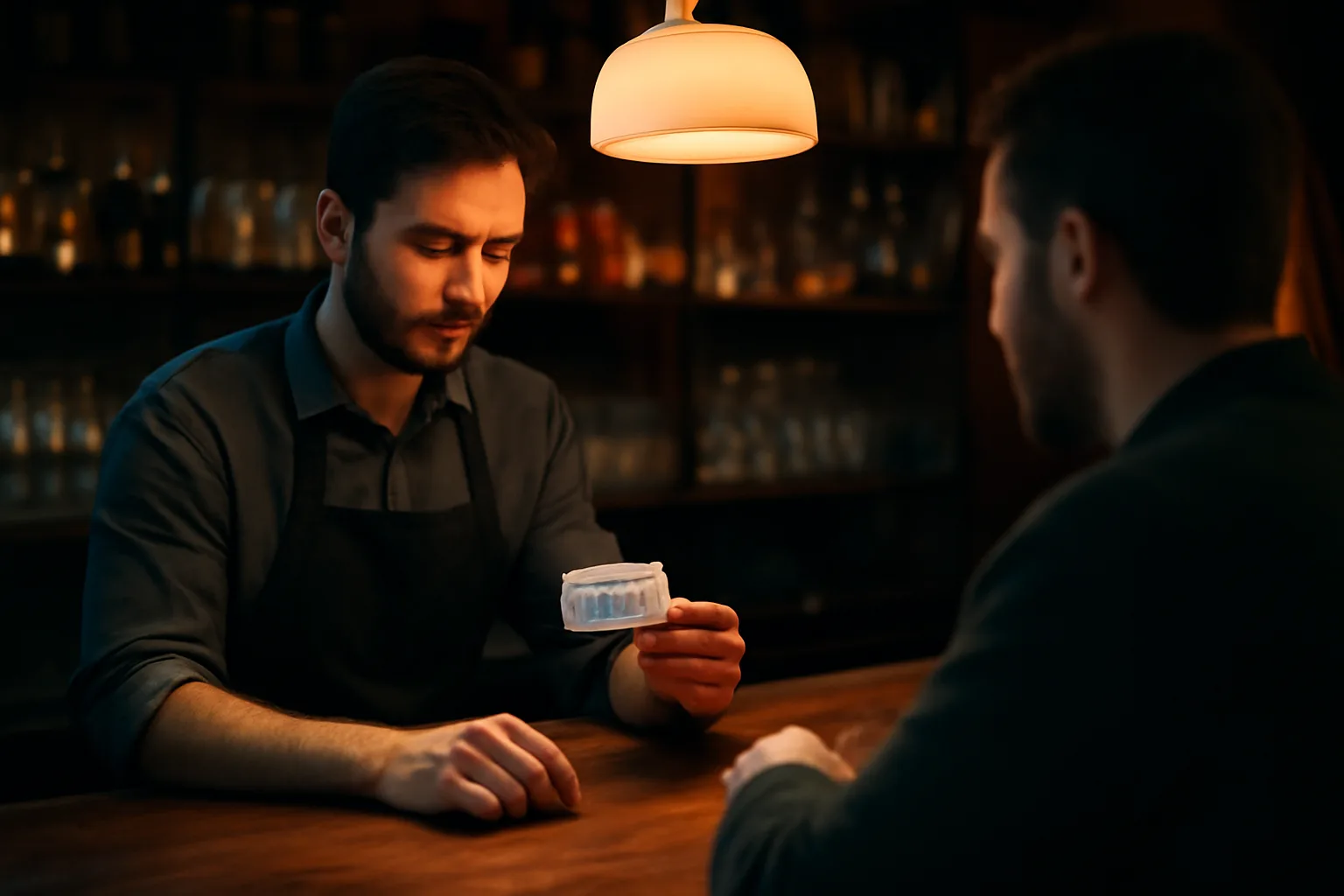 Bartender checking a customer's ID at a bar counter during evening service
