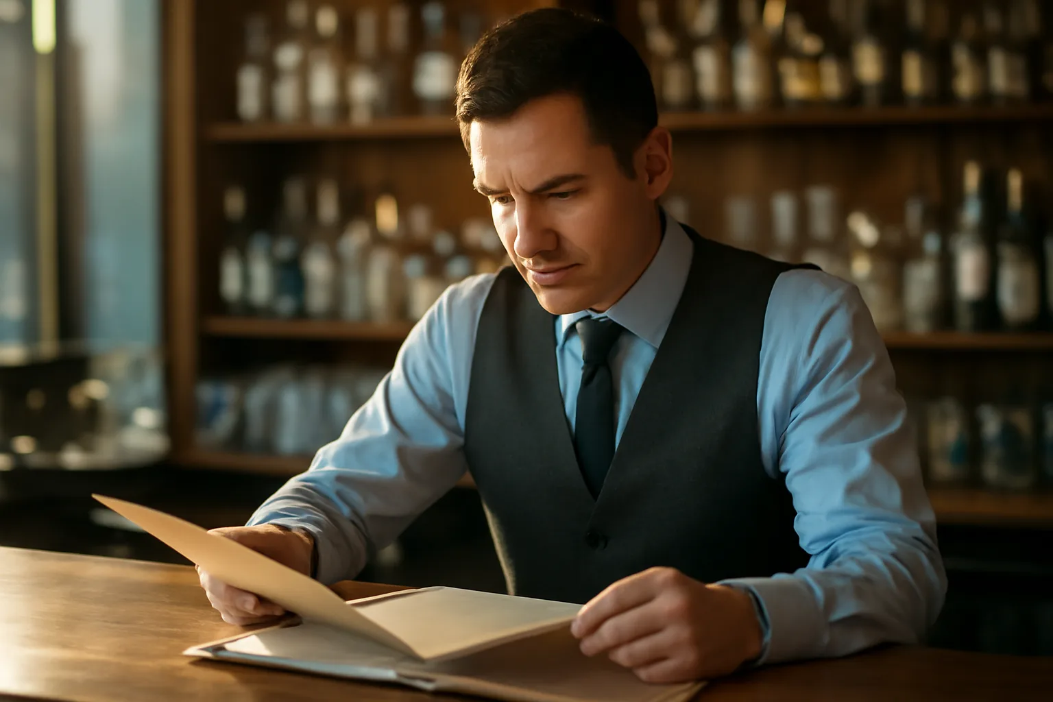 Restaurant manager reviewing renewal paperwork at a bar counter in afternoon light