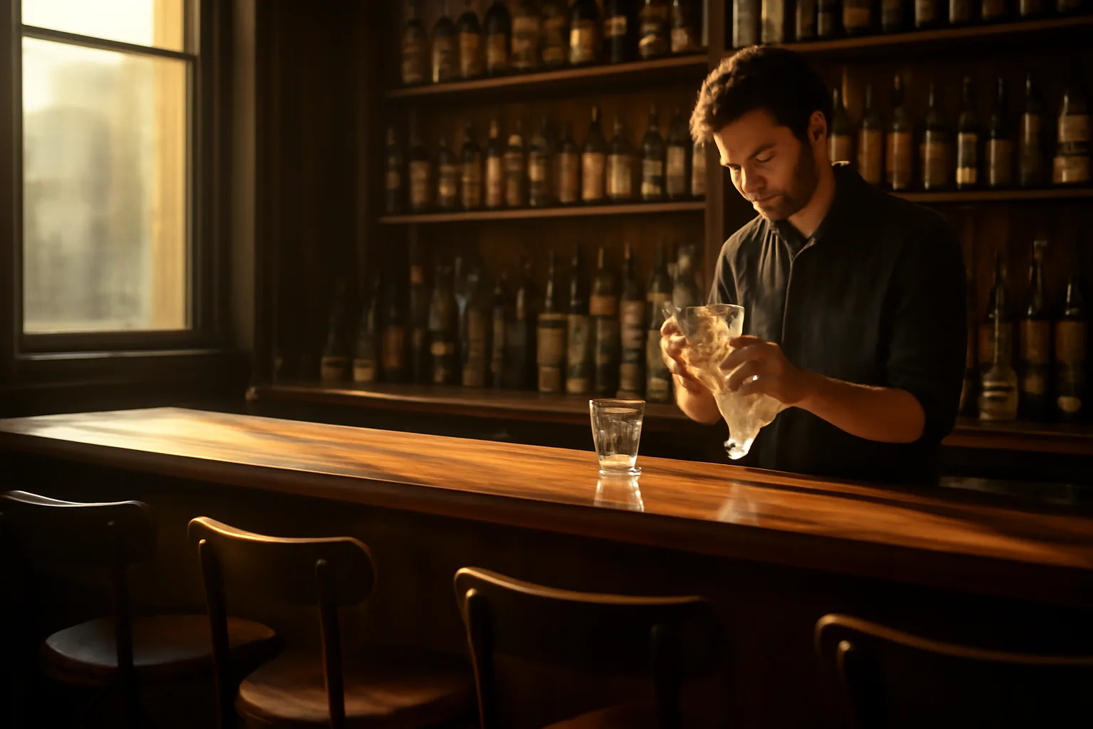 Bartender polishing glassware behind a counter, illustrating what a TABC card certifies staff to do