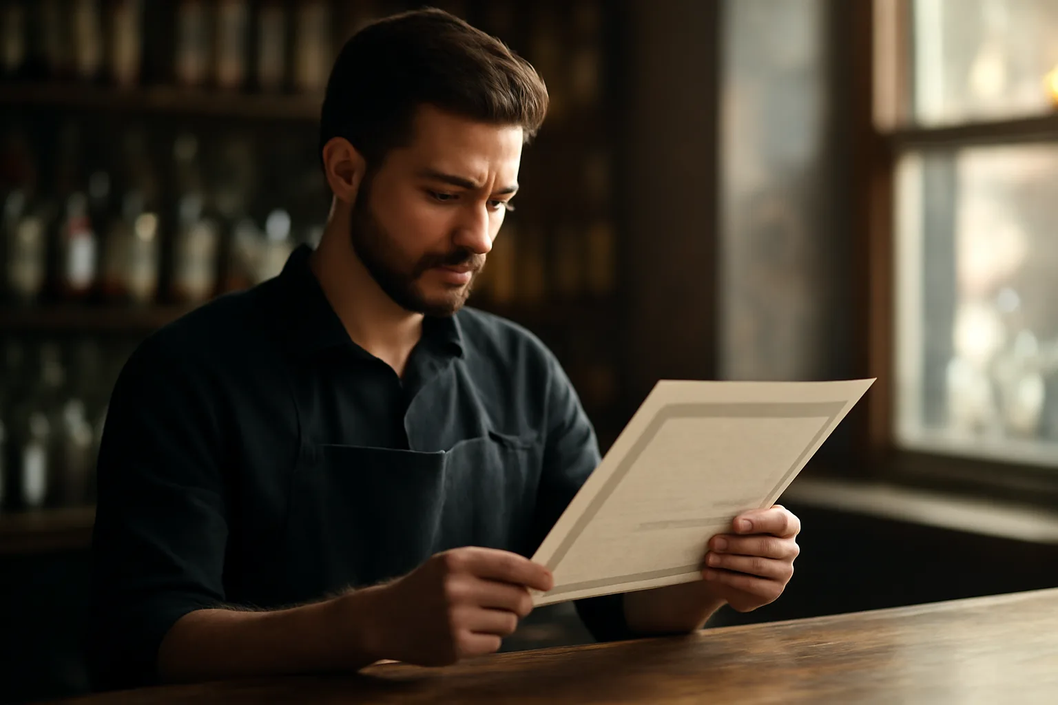 Bartender reviewing a seller-server training certificate at a bar counter