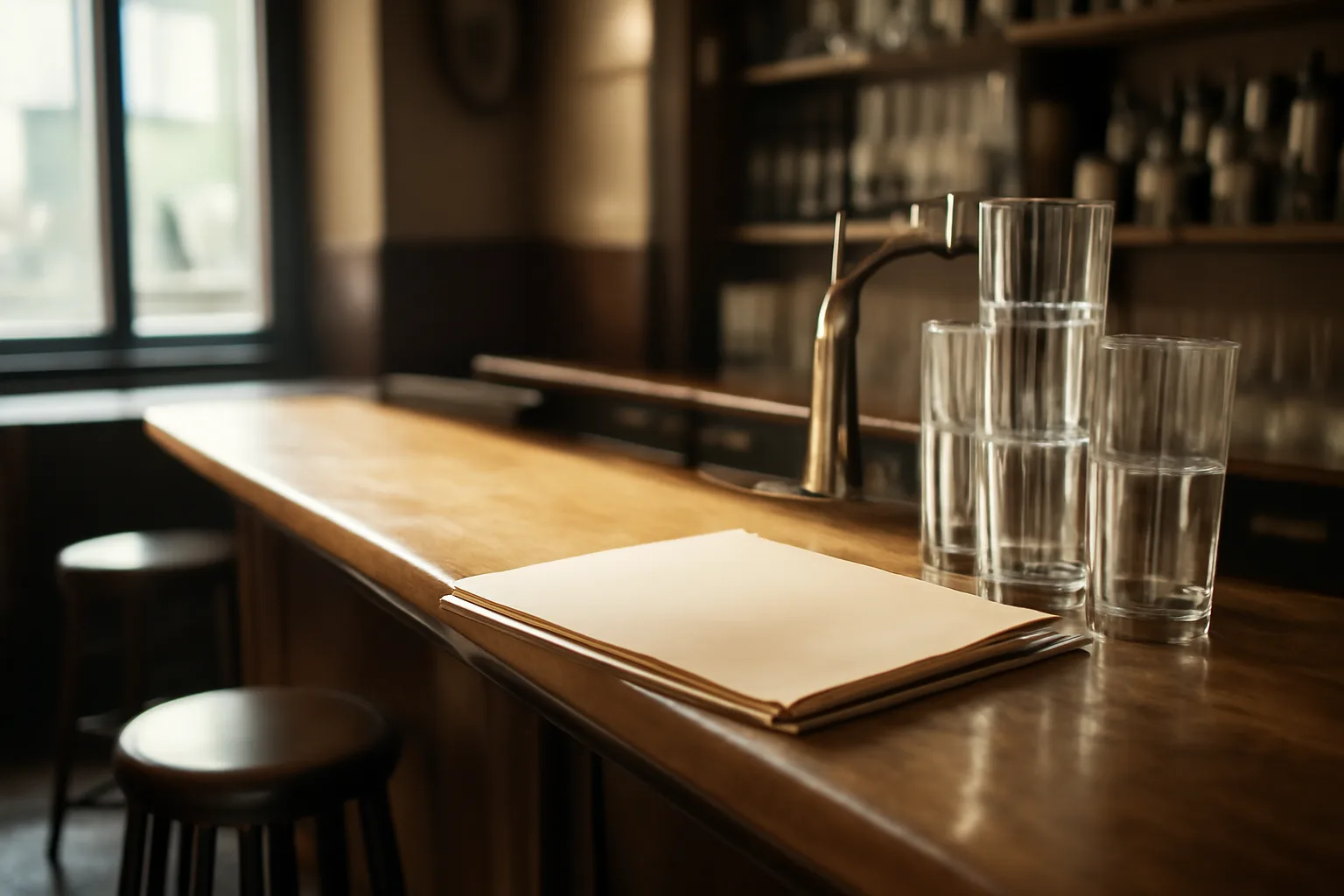 Empty bar counter with paperwork folder, representing liquor license application process