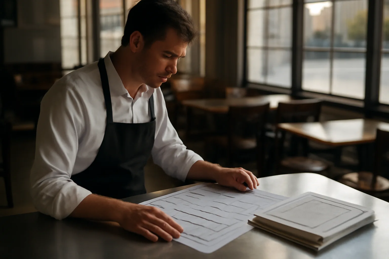 Restaurant manager reviewing floor plan and training certificates before opening, related to Virginia ABC compliance