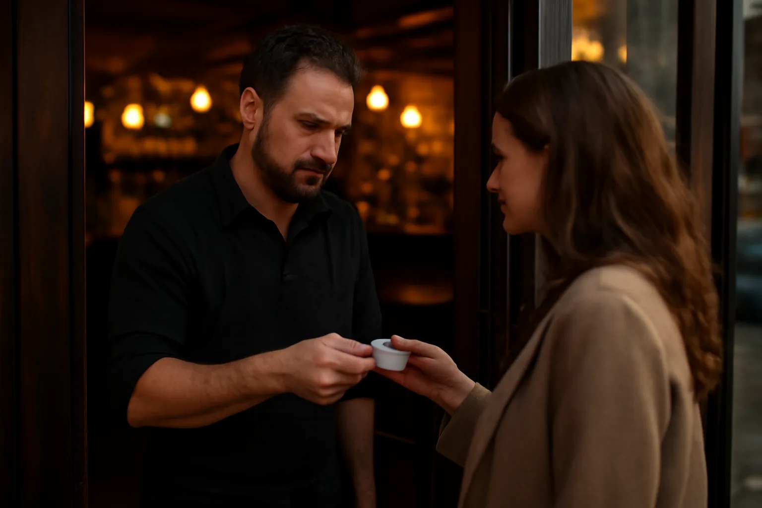 Bar manager checking a customer's ID at night, illustrating on-premises alcohol license policies.