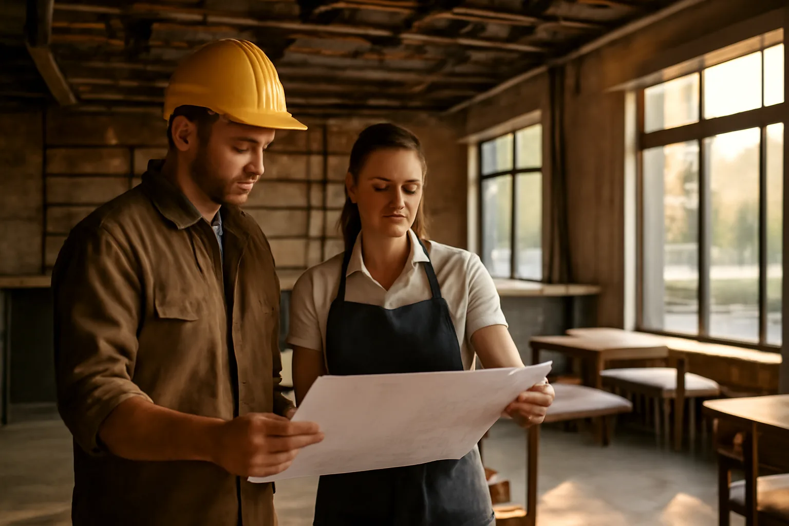 Restaurant owner reviewing plans in an empty bar space during buildout