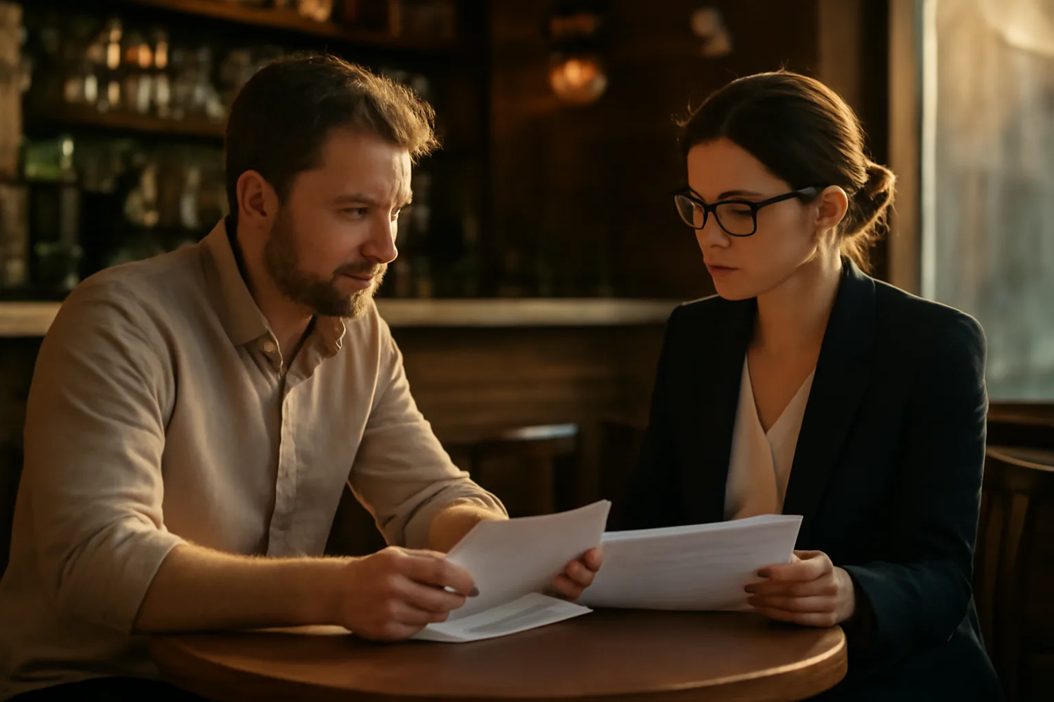 Restaurant owner reviewing liquor license paperwork with an advisor near a bar counter