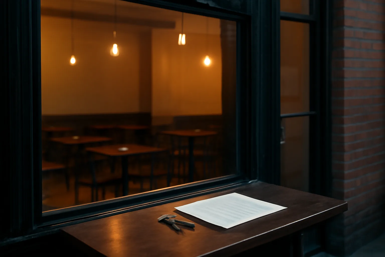 Empty NYC bar storefront interior at dusk during liquor license wait